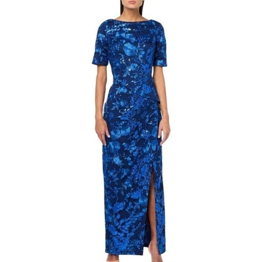 JS Collections Ayana Beaded Sequin Column Gown Navy Evening Dress 4 NWT